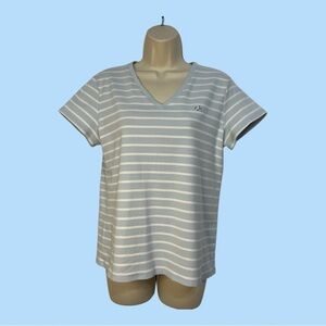 Calvin Klein V Neck T Shirt Powder Blue with White Stripes Short Sleeve Size L